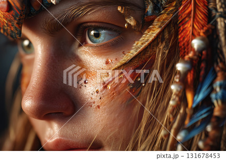 Close-up portrait of a beautiful young woman from an isolated island tribe with a painted face Close-up portrait of a beautiful young woman from an isolated island tribe with a painted face 131678453