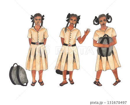 Indian schoolgirl with bag, backpack. Drawing with colored pencils, children's illustration style. Girls character in school uniform. Hand drawn sketch people for India educational cultural brochure Indian schoolgirl with bag, backpack. Drawing with colored pencils, children's illustration style. Girls character in school uniform. Hand drawn sketch people for India educational cultural brochure 131678497