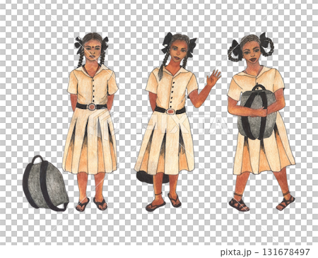 Indian schoolgirl with bag, backpack. Drawing with colored pencils, children's illustration style. Girls character in school uniform. Hand drawn sketch people for India educational cultural brochure Indian schoolgirl with bag, backpack. Drawing with colored pencils, children's illustration style. Girls character in school uniform. Hand drawn sketch people for India educational cultural brochure 131678497