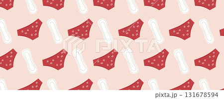 Women period seamless pattern with illustrations of pads and panties in a pink palette. Women health and gynecology theme. Suitable for marketing materials, banners, and posters 131678594
