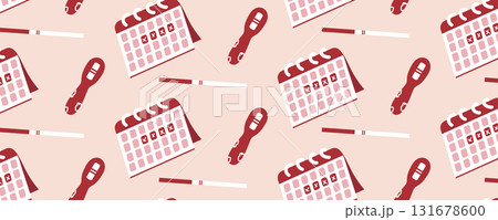Seamless pattern with a pregnancy test and planning calendar. Pregnancy planning and conception concept. Female reproductive system and gynecology theme	 131678600