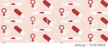 Seamless pattern featuring sanitary pads and tampons. Women period, menstruation, and reproductive health theme 131678603