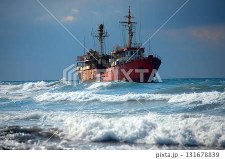 A large ship is stranded offshore, its rust-colored body contrasting with the choppy sea and textured waves. The image evokes themes of isolation, resilience, and maritime decay. 131678839