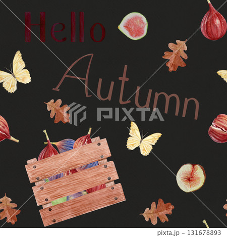Lettering Hello Autumn, wooden crate filled with figs, oak leaves, and butterfly watercolor seamless pattern on gray. Seasonal harvest illustration for posters, greeting cards, invitations, fall decor Lettering Hello Autumn, wooden crate filled with figs, oak leaves, and butterfly watercolor seamless pattern on gray. Seasonal harvest illustration for posters, greeting cards, invitations, fall decor 131678893