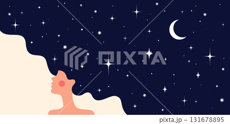 Dream universe flows through woman figure, girl with cosmic night sky in hair. Woman dream vision shines, girl in flat style, universe dream surrounds woman girl cosmos. Vector Illustration 131678895