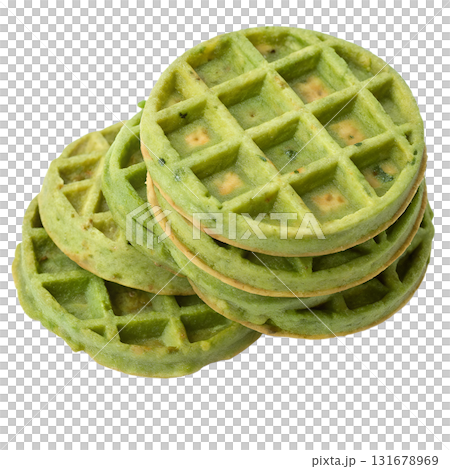 Green spinach waffles, healthy savory breakfast concept, isolated on transparent background 131678969