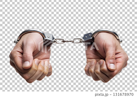 Hands in metal handcuffs, arrested and detained, law and order concept, isolated on transparent background Hands in metal handcuffs, arrested and detained, law and order concept, isolated on transparent background 131678970