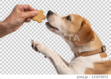 Dog looking up eagerly with mouth slightly open, awaiting tasty treat from human hand, isolated on transparent background Dog looking up eagerly with mouth slightly open, awaiting tasty treat from human hand, isolated on transparent background 131678972