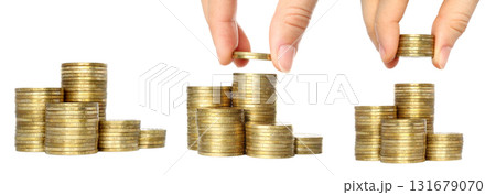 Set of human hands stacking coins isolated on transparent background. 131679070