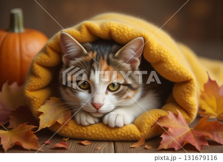 A cute ginger cat is warming up in a warm blanket on a cold autumn day A cute ginger cat is warming up in a warm blanket on a cold autumn day 131679116