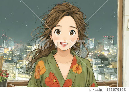 美優シリーズ:美優が花柄の浴衣を着て都会の夜景をバックに歩き、笑顔で楽しんでいるシーン 美優シリーズ:美優が花柄の浴衣を着て都会の夜景をバックに歩き、笑顔で楽しんでいるシーン 131679168
