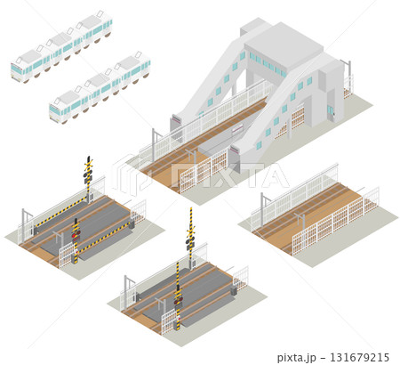 日本の駅舎をイメージした線路や踏切や鉄道のアイソメトリック素材セット 日本の駅舎をイメージした線路や踏切や鉄道のアイソメトリック素材セット 131679215