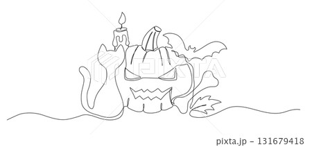 Bat, pumpkin and cat, one line illustration. Hand drawn vector sketch isolated on white background. Halloween continuous design 131679418