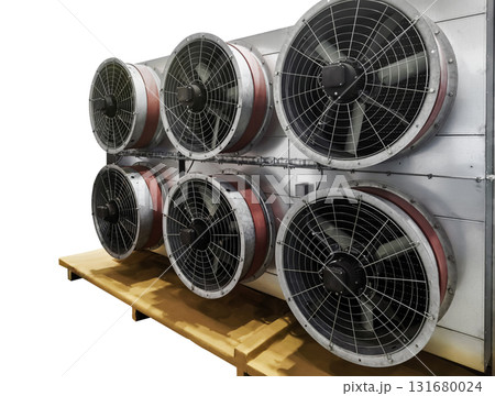 Industrial cooling system with large exhaust fans installed on a wooden platform for ventilation applications 131680024