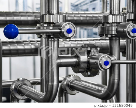 Close-up view of industrial stainless steel piping and valves in a modern facility Close-up view of industrial stainless steel piping and valves in a modern facility 131680049