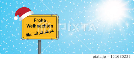 place sign with german text merry christmas in snowy winter landscape vector illustration 131680225
