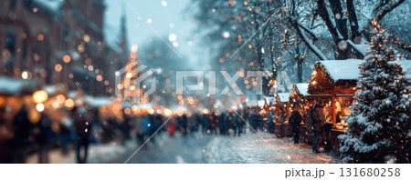 blurred background christmas market on snowy winter day 131680258