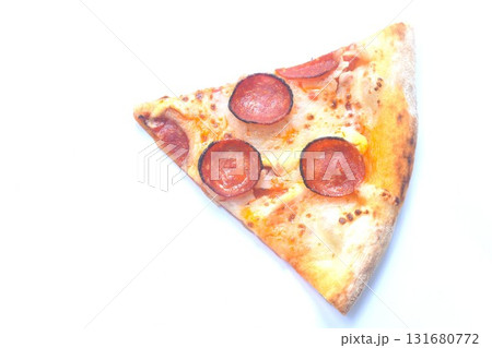 piece of baking homemade peperoni pizza topping slice salami on white background 131680772