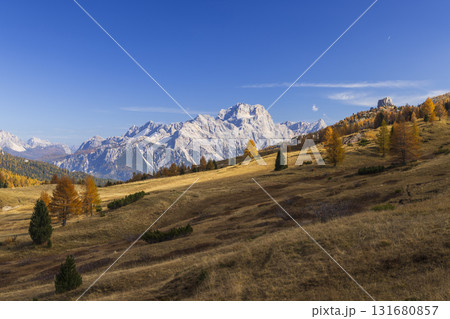 Dolomite peaks dominating autumn landscape in Cortina d'Ampezzo 131680857