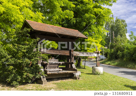 Old traditional wooden wine press in Hadres, Lower Austria Old traditional wooden wine press in Hadres, Lower Austria 131680911
