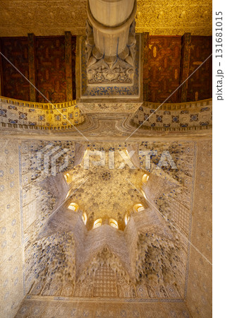 Intricate muqarnas ceiling in Alhambra palace, Granada, Spain 131681015
