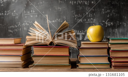 book resting on stacked in front of a chalkboard 131681105