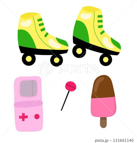 Retro fun set with roller skates ice cream candy and game illustration 131681140