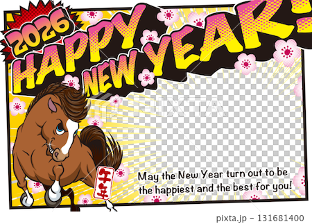 2026フォトフレーム年賀状「アメコミ風デザイン」ハッピーニューイヤー　英語添え書き付パターン 131681400