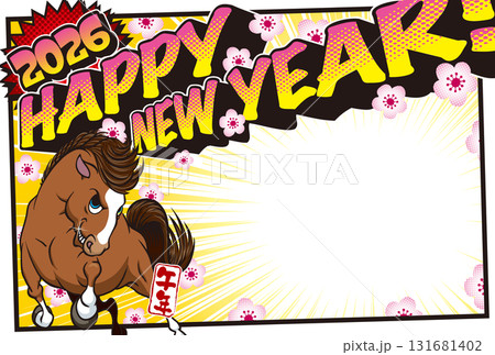 2026フォトフレーム年賀状「アメコミ風デザイン」ハッピーニューイヤー　手書き用スペース付パターン 131681402
