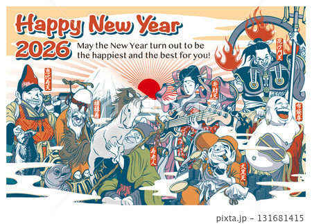 2026年賀状テンプレート「ちょっとおかしな七福神」ハッピーニューイヤー　英語添え書き付パターン 131681415