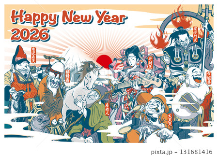 2026年賀状テンプレート「ちょっとおかしな七福神」ハッピーニューイヤー　手書き用スペース付パターン 131681416