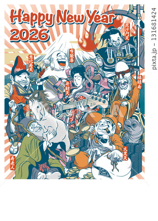 2026年賀状テンプレート「ちょっとおかしな七福神」ハッピーニューイヤー 手書き用スペース付パターン 2026年賀状テンプレート「ちょっとおかしな七福神」ハッピーニューイヤー 手書き用スペース付パターン 131681424