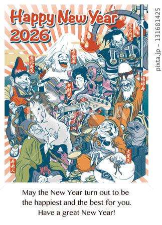 2026年賀状テンプレート「ちょっとおかしな七福神」ハッピーニューイヤー　英語添え書き付パターン 131681425