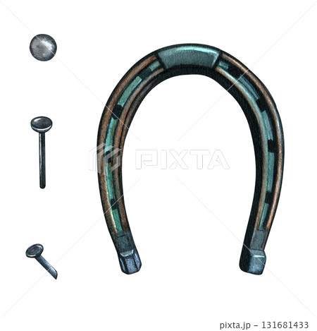 Good luck horseshoe with nails, a horseshoe for a horse. Watercolor illustration on a white background, hand-drawn Good luck horseshoe with nails, a horseshoe for a horse. Watercolor illustration on a white background, hand-drawn 131681433