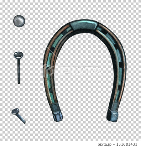 Good luck horseshoe with nails, a horseshoe for a horse. Watercolor illustration on a white background, hand-drawn Good luck horseshoe with nails, a horseshoe for a horse. Watercolor illustration on a white background, hand-drawn 131681433
