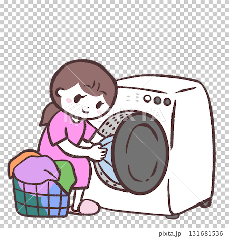 一位女士在滾筒洗衣機中洗衣服的插圖 一位女士在滾筒洗衣機中洗衣服的插圖 131681536