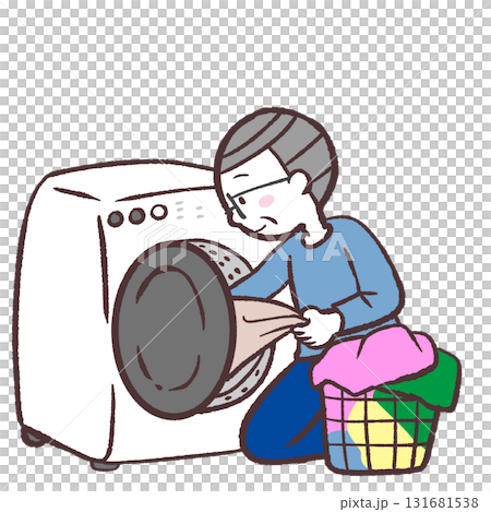 Illustration of a senior man using a drum-type washing machine Illustration of a senior man using a drum-type washing machine 131681538