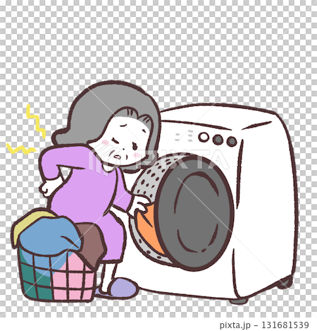 Illustration of a senior woman with a sore back using a drum-type washing machine Illustration of a senior woman with a sore back using a drum-type washing machine 131681539