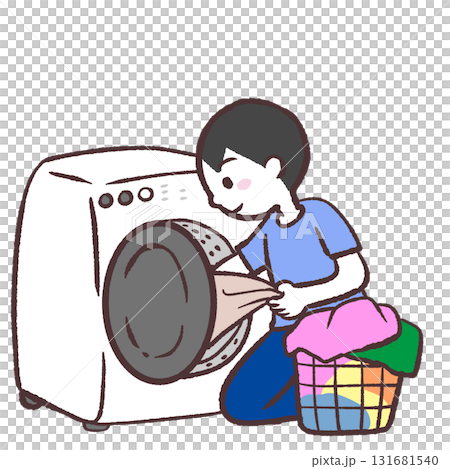 Illustration of a man doing laundry in a drum-type washing machine Illustration of a man doing laundry in a drum-type washing machine 131681540