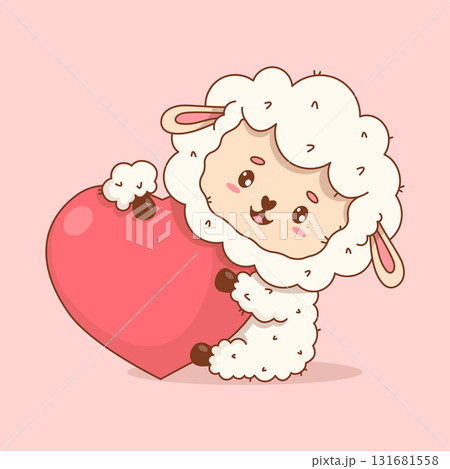 Cute enamored Sheep with big heart. Happy Holiday Valentine kawaii character. Vector illustration Cute enamored Sheep with big heart. Happy Holiday Valentine kawaii character. Vector illustration 131681558