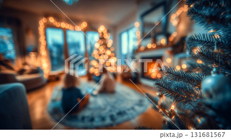 Warm family Christmas evening with glowing tree, festive lights, cozy fireplace and children playing at home holiday celebration Blurred silhouettes of the people around This is AI-generated item Warm family Christmas evening with glowing tree, festive lights, cozy fireplace and children playing at home holiday celebration Blurred silhouettes of the people around This is AI-generated item 131681567