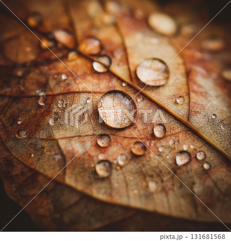 Close-up of a leaf covered in water droplets. A macro shot captures the intricate details of a leaf, showcasing the delicate water droplets clinging to its surface This is AI-generated item Close-up of a leaf covered in water droplets. A macro shot captures the intricate details of a leaf, showcasing the delicate water droplets clinging to its surface This is AI-generated item 131681568