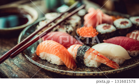 Delicious sushi platter with chopsticks ready to eat. A close-up shot of traditional Asian food with various types of sushi, including nigiri and maki rolls, chirashi sushi. This is AI-generated item 131681578