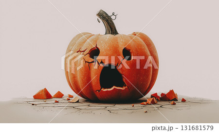 Cracked Halloween pumpkin with a surprised expression and broken pieces. A spooky Jack o'lantern with a shocked face is cracked open, with pieces scattered around it This is AI-generated item 131681579