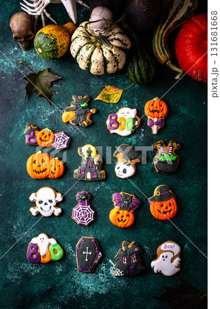 Halloween cookies in shape of ghost, jack-o-lantern and skull 131681668