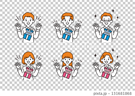 プレゼントを貰って喜ぶ、様々な世代の男性と女性の上半身ベクターイラスト素材セット 131681868