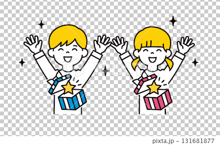 可愛的男孩和女孩上身向量插圖集,他們很高興收到禮物 可愛的男孩和女孩上身向量插圖集,他們很高興收到禮物 131681877