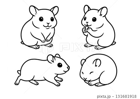 ハムスターのかわいい姿4種｜背景透過の線画素材のイラスト素材