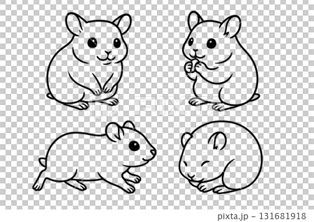 ハムスターのかわいい姿4種｜背景透過の線画素材のイラスト素材