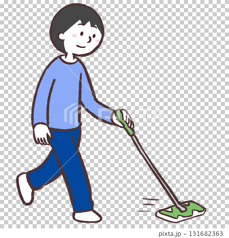 フローリングワイパーで床を拭く男性のイラスト 131682363